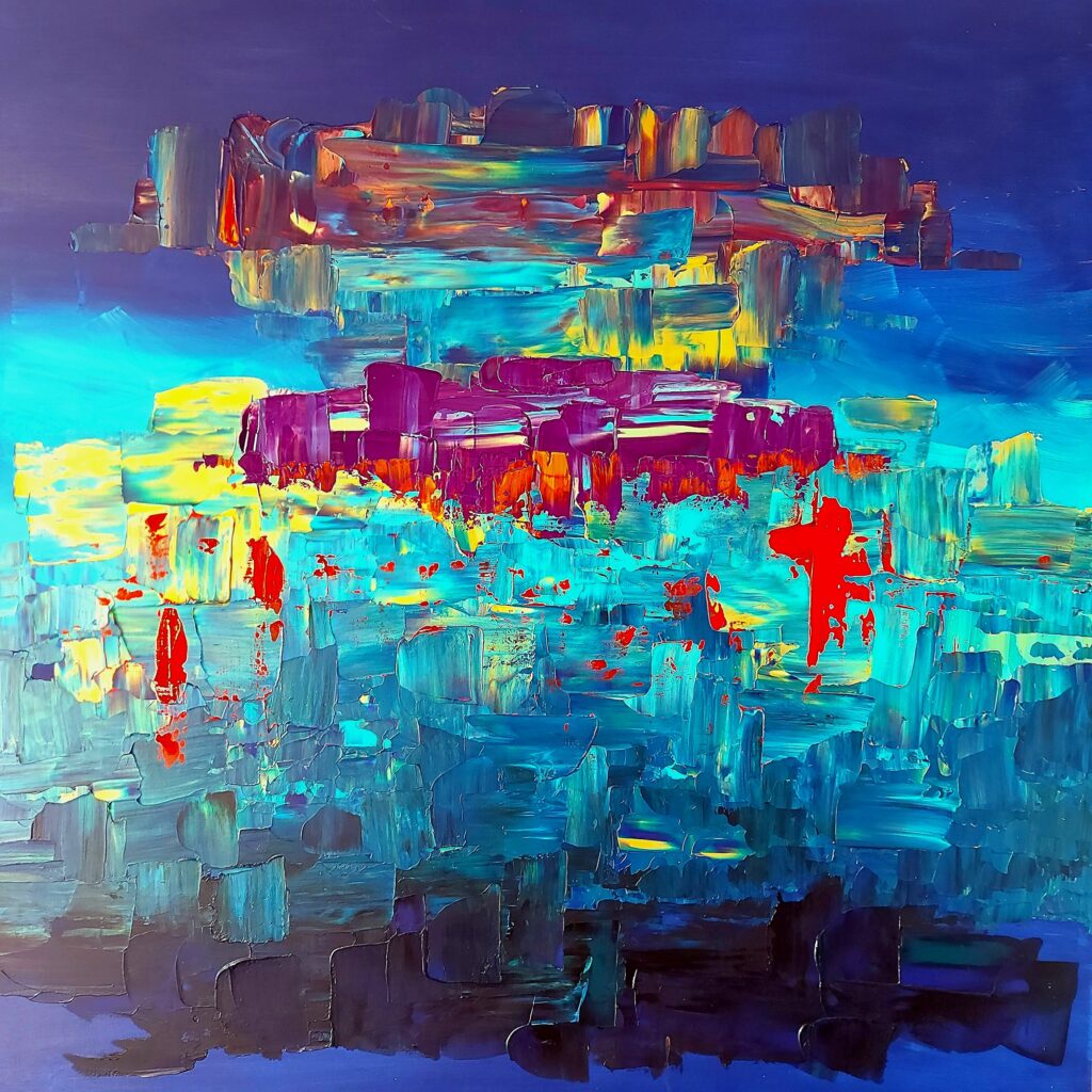Wanderlust is a synesthetic painting representing the pleasure, the lust, of travelling